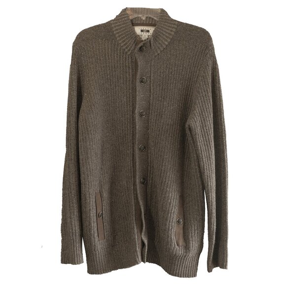 Joseph Abboud Brown Wool Sweater Cardigan Mock Neck Elbow Patch Long Sleeve Coat - Picture 1 of 12
